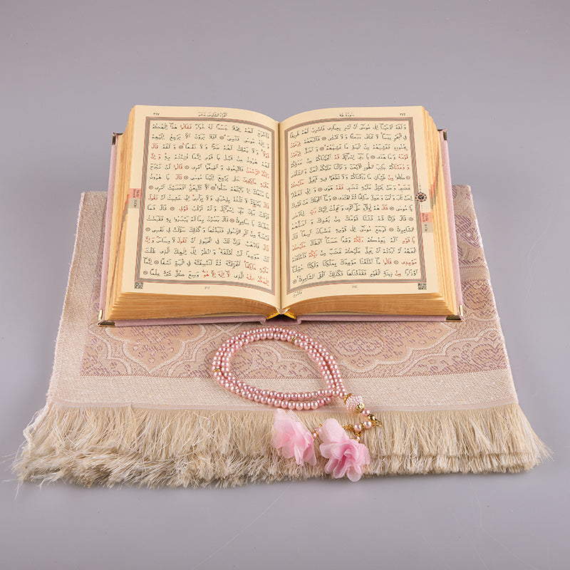 Asetat Kutulu Kadife Kuran-ı Kerim Seti (Pudra Pembe)