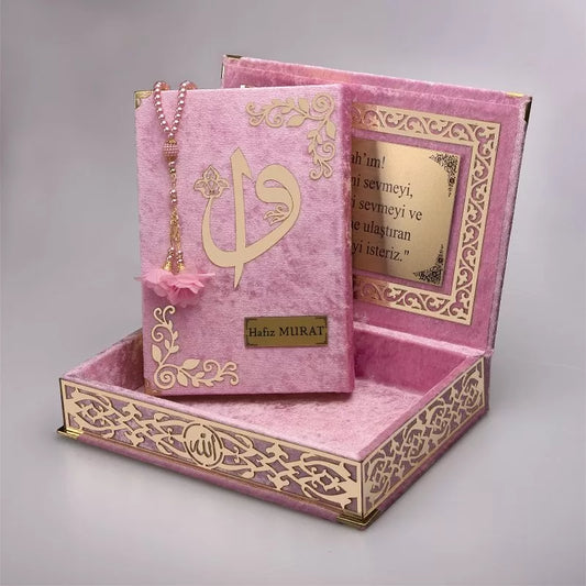 Kadife Kutulu Kur'an-ı Kerim (Pembe, Gold Süsleme)