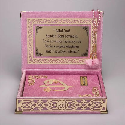 Kadife Kutulu Kur'an-ı Kerim (Pembe, Gold Süsleme)
