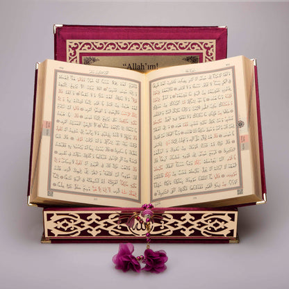 Kadife Kutulu Kur'an-ı Kerim (Bordo, Gold Süsleme)