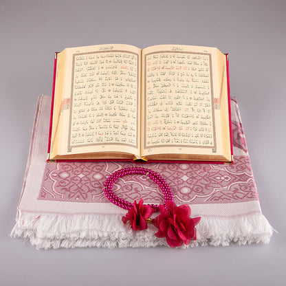 Asetat Kutulu Kadife Kuran-ı Kerim Seti (Fuşya Pembe)