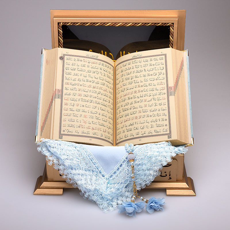 Ahşap Sandıklı Kur’an-ı Kerim Seti (Gökyüzü Mavi)