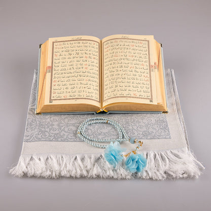Asetat Kutulu Kadife Kuran-ı Kerim Seti (Gökyüzü Mavi)