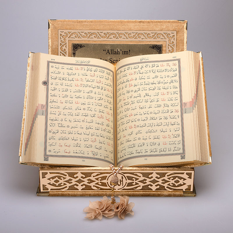 Kadife Kutulu Kur'an-ı Kerim (Gold, Gold Süsleme)