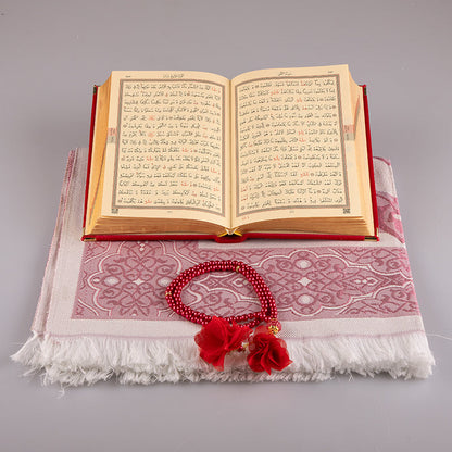 Asetat Kutulu Kadife Kuran-ı Kerim Seti (Kırmızı)