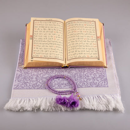 Asetat Kutulu Kadife Kuran-ı Kerim Seti (Lila)