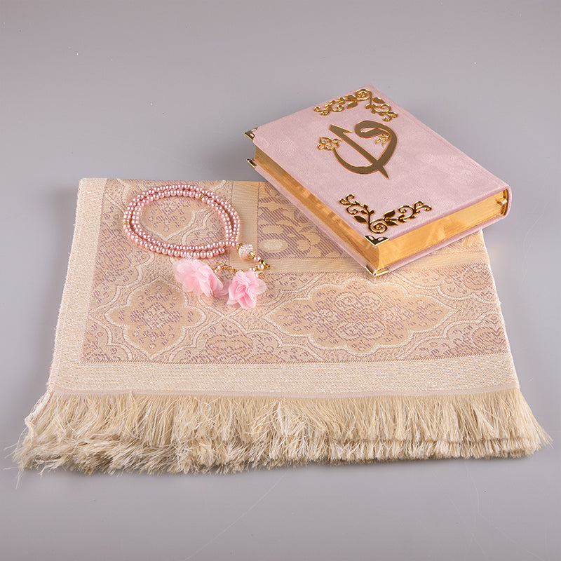 Asetat Kutulu Kadife Kuran-ı Kerim Seti (Pudra Pembe)