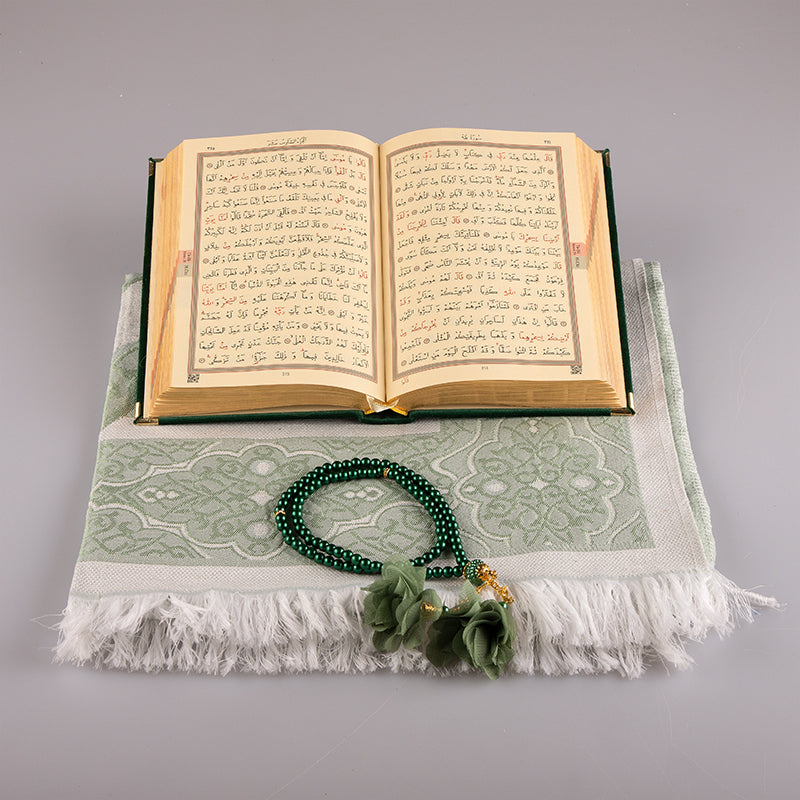 Asetat Kutulu Kadife Kuran-ı Kerim Seti (Zümrüt Yeşil)