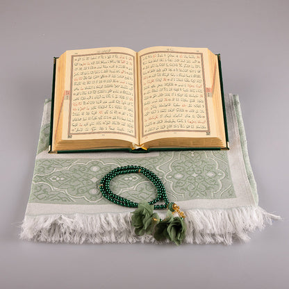 Asetat Kutulu Kadife Kuran-ı Kerim Seti (Zümrüt Yeşil)