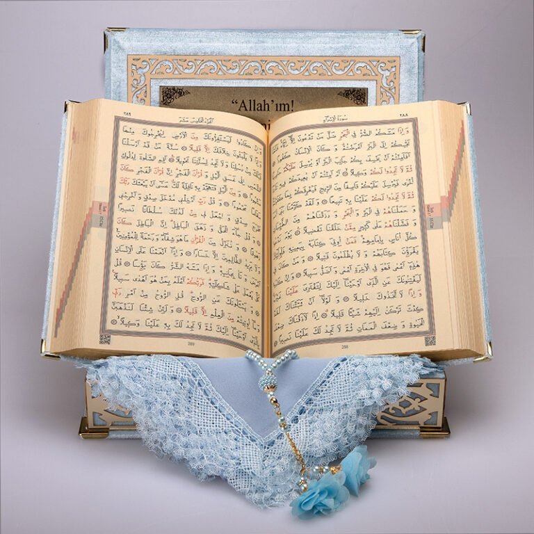 Kadife Kutulu Kur'an-ı Kerim Seti (Bebe Mavi, Gold Süsleme)