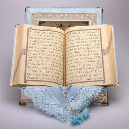 Kadife Kutulu Kur'an-ı Kerim Seti (Bebe Mavi, Gold Süsleme)