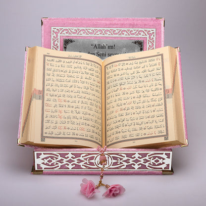 Kadife Kutulu Kur'an-ı Kerim (Bebe Pembe, Gümüş Süsleme)