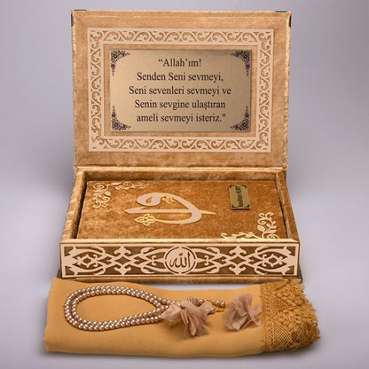 Kadife Kutulu Kur'an-ı Kerim Seti (Gold, Gold Süsleme)