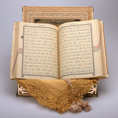 Kadife Kutulu Kur'an-ı Kerim Seti (Gold, Gold Süsleme)