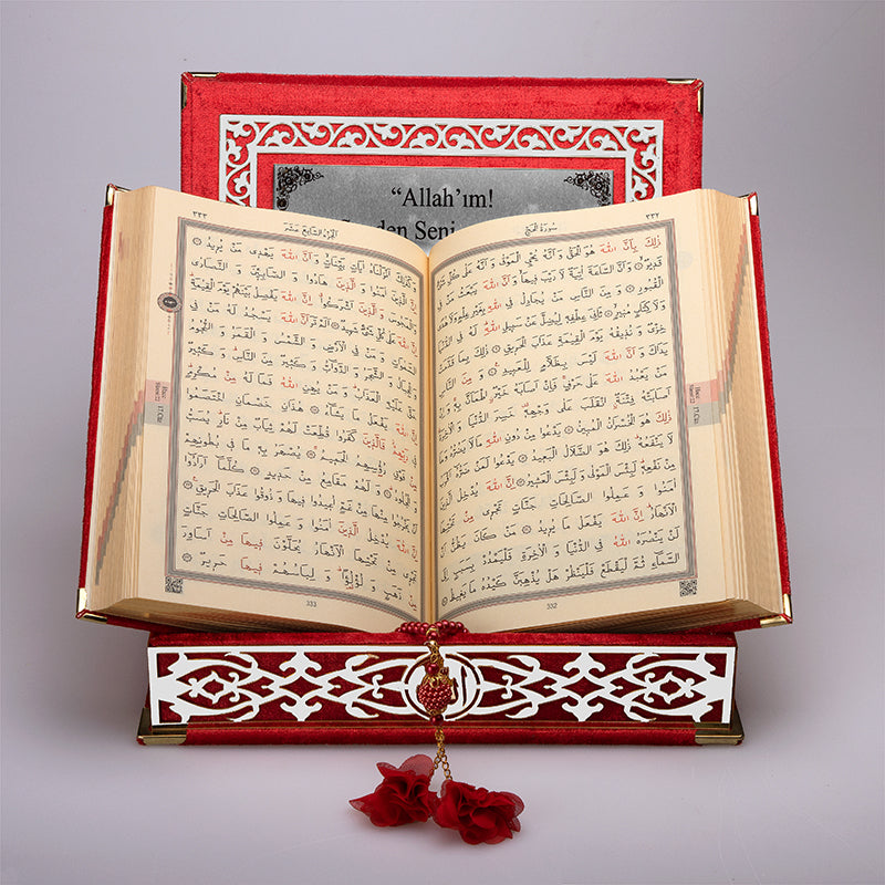 Kadife Kutulu Kur'an-ı Kerim (Kırmızı, Gümüş Süsleme)