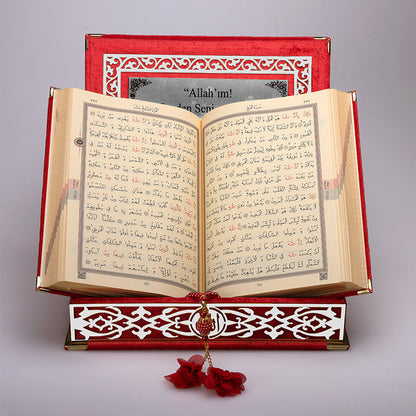 Kadife Kutulu Kur'an-ı Kerim (Kırmızı, Gümüş Süsleme)