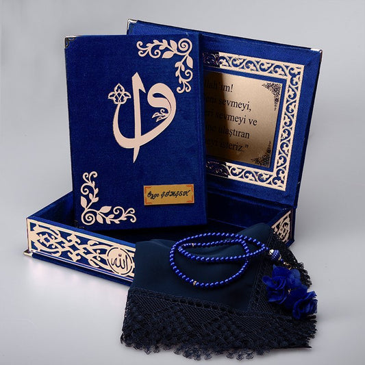 Kadife Kutulu Kur'an-ı Kerim Seti (Lacivert, Gold Süsleme)