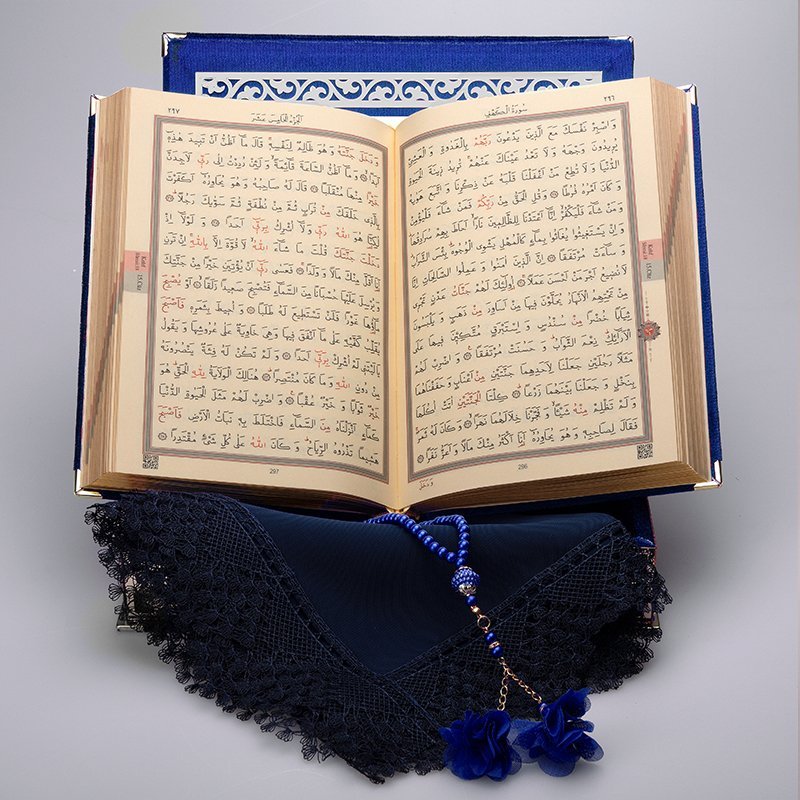 Kadife Kutulu Kur'an-ı Kerim Seti (Lacivert, Gümüş Süsleme)
