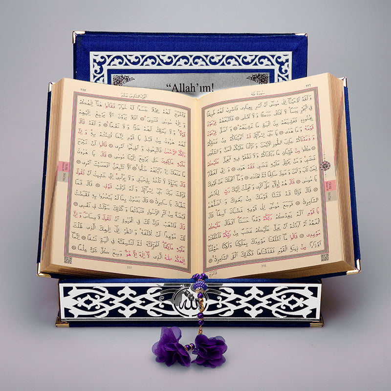 Kadife Kutulu Kur'an-ı Kerim (Lacivert, Gümüş Süsleme)