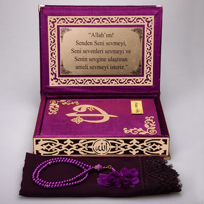 Kadife Kutulu Kur'an-ı Kerim Seti (Mor, Gold Süsleme)