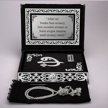 Kadife Kutulu Kur'an-ı Kerim Seti (Siyah, Gümüş Süsleme)