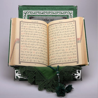 Kadife Kutulu Kur'an-ı Kerim Seti (Yeşil, Gümüş Süsleme)